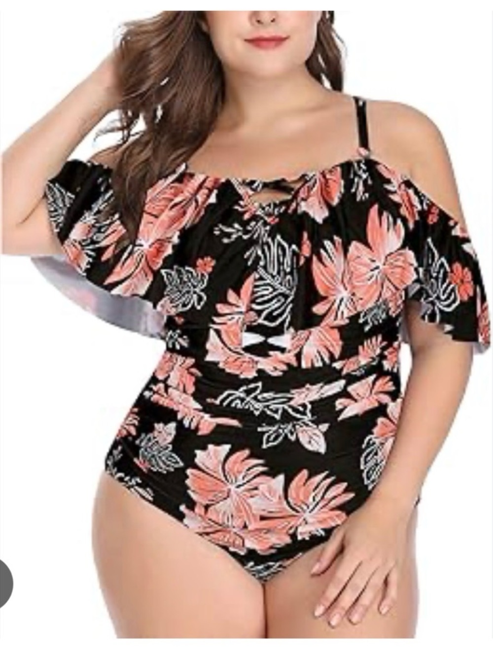 Floral Black Coral Off-Shoulder Ruched Tummy One Piece Plus Swimsuit sz 20W